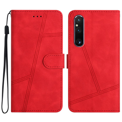 For Sony Xperia 1 V Anti-drop Cover with Wallet Stand Imprinted Line Skin-touch PU Leather Phone Shell