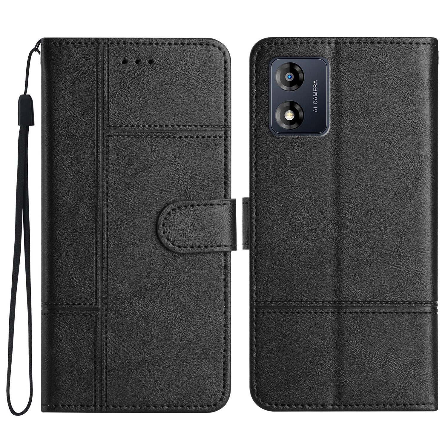 For Motorola Moto E13 4G Business PU Leather Cowhide Texture Cover Line Imprinted Stand Wallet Phone Case with Strap