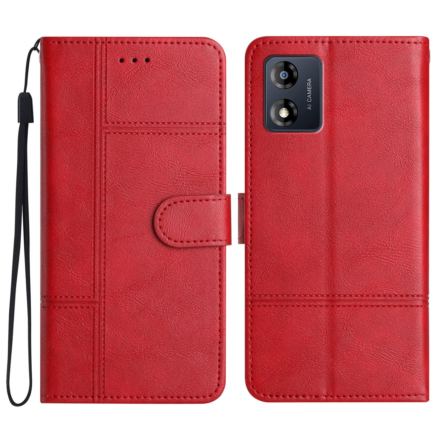 For Motorola Moto E13 4G Business PU Leather Cowhide Texture Cover Line Imprinted Stand Wallet Phone Case with Strap