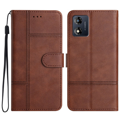 For Motorola Moto E13 4G Business PU Leather Cowhide Texture Cover Line Imprinted Stand Wallet Phone Case with Strap