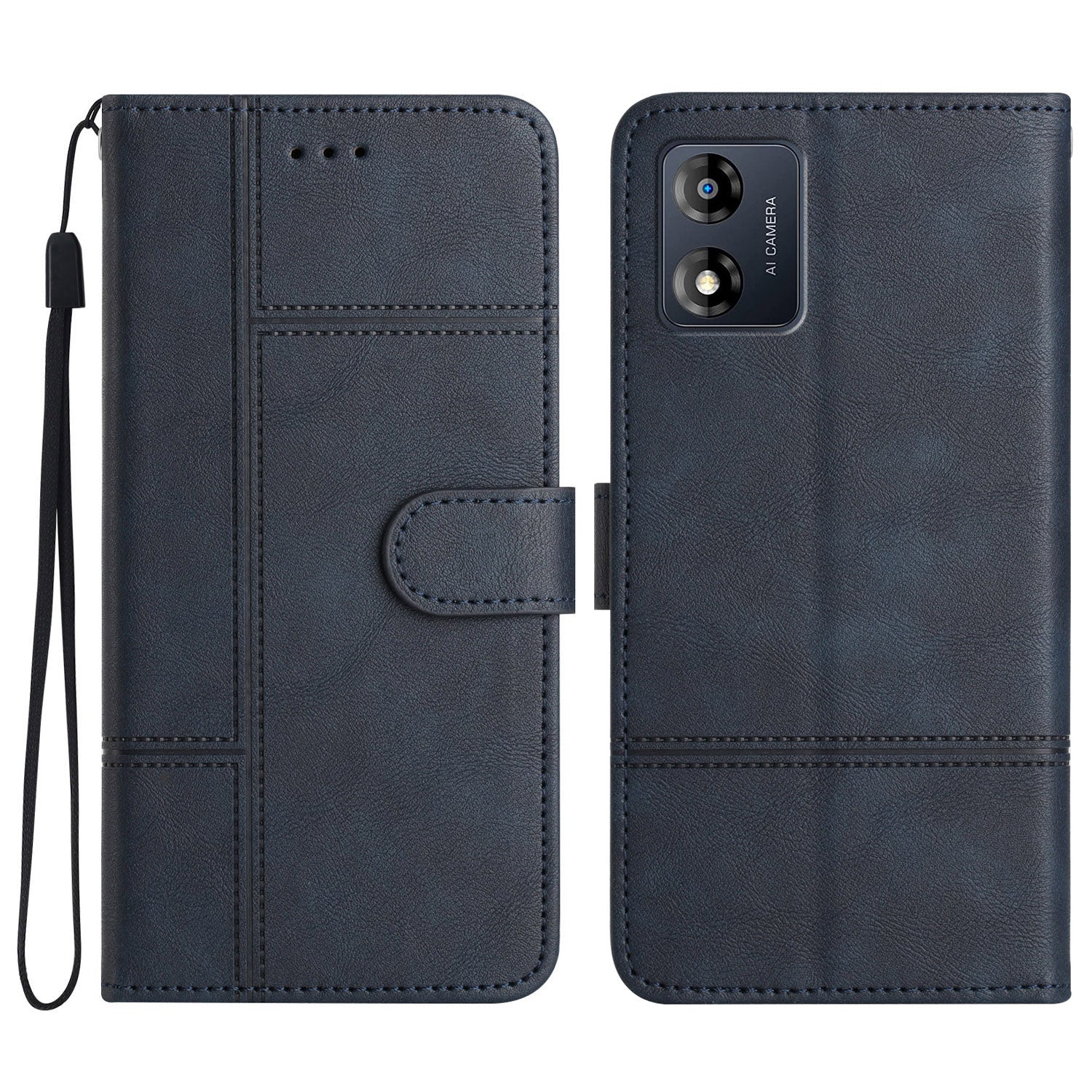 For Motorola Moto E13 4G Business PU Leather Cowhide Texture Cover Line Imprinted Stand Wallet Phone Case with Strap