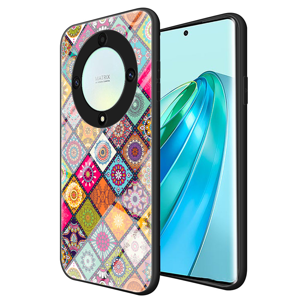 For Honor X9a 5G Flower Pattern Kickstand Phone Case PC+TPU+Tempered Glass Anti-drop Cover with Lanyard