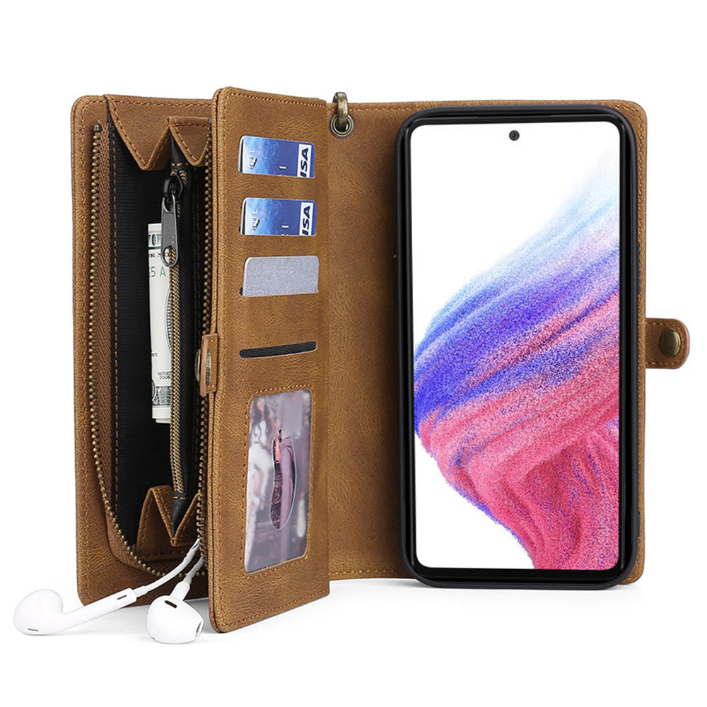 MEGSHI 017 Series For Samsung Galaxy A33 5G Detachable Magnet Cover Zipper Wallet PU Leather Flip Case with Wrist Strap