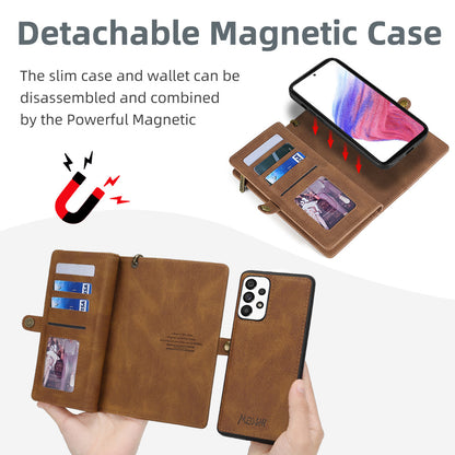 MEGSHI 017 Series For Samsung Galaxy A33 5G Detachable Magnet Cover Zipper Wallet PU Leather Flip Case with Wrist Strap