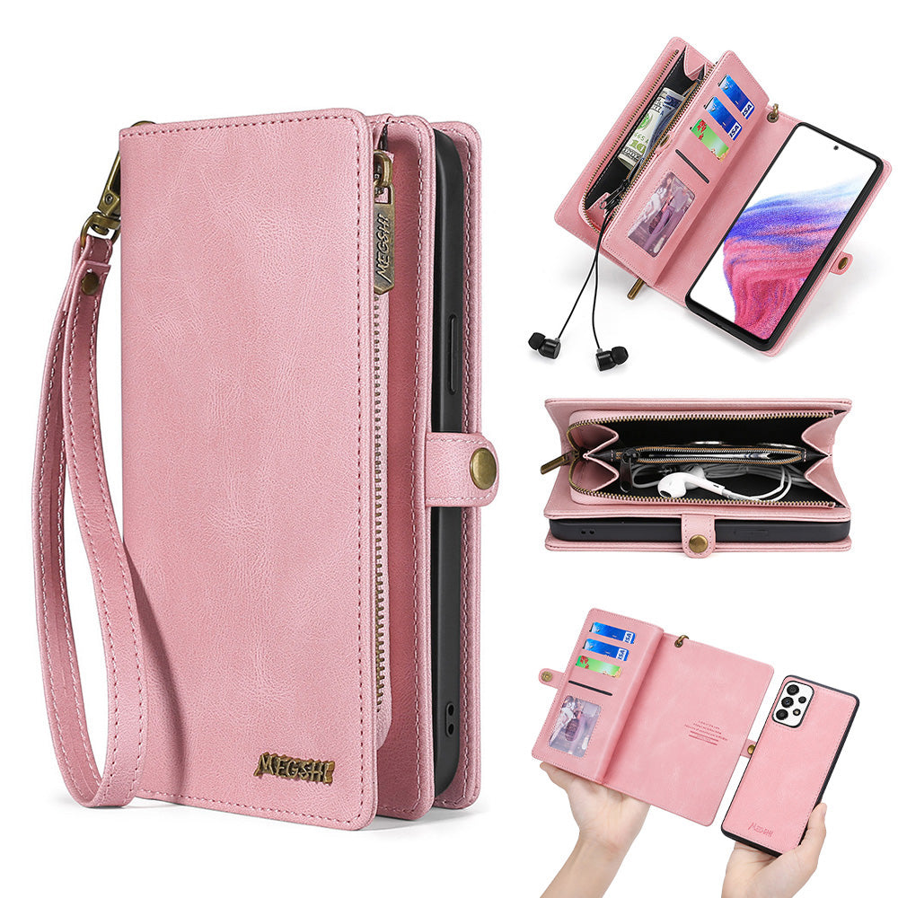 MEGSHI 017 Series For Samsung Galaxy A33 5G Detachable Magnet Cover Zipper Wallet PU Leather Flip Case with Wrist Strap