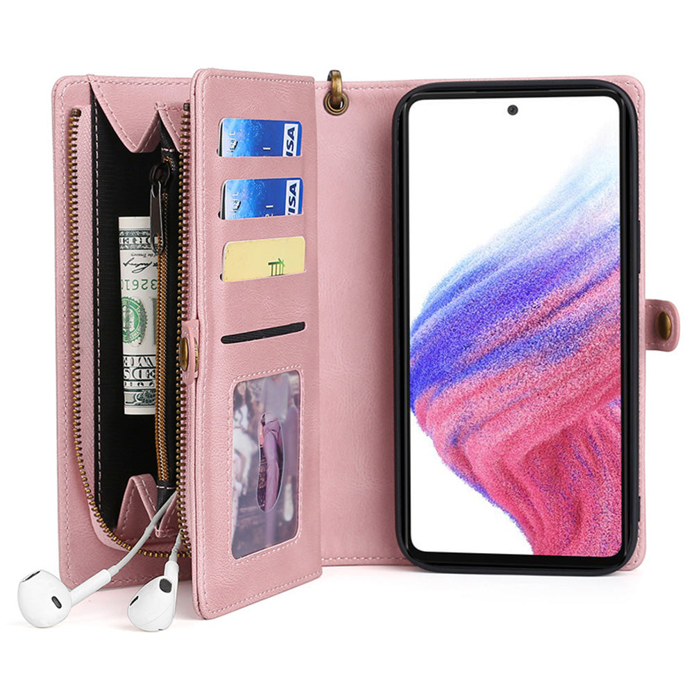 MEGSHI 017 Series For Samsung Galaxy A33 5G Detachable Magnet Cover Zipper Wallet PU Leather Flip Case with Wrist Strap