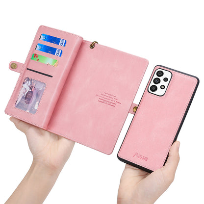 MEGSHI 017 Series For Samsung Galaxy A33 5G Detachable Magnet Cover Zipper Wallet PU Leather Flip Case with Wrist Strap