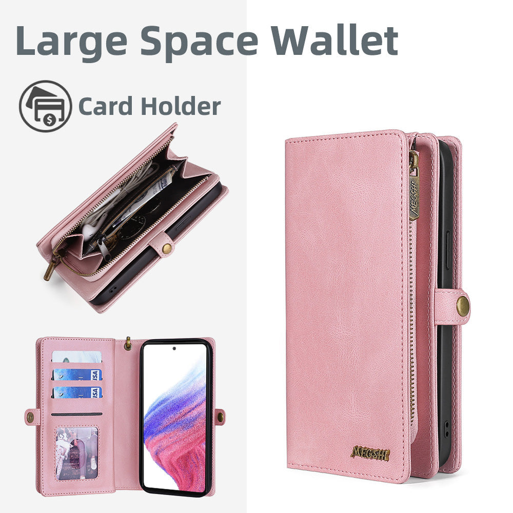 MEGSHI 017 Series For Samsung Galaxy A33 5G Detachable Magnet Cover Zipper Wallet PU Leather Flip Case with Wrist Strap