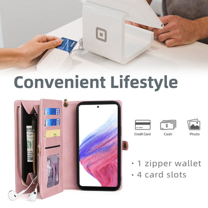 MEGSHI 017 Series For Samsung Galaxy A33 5G Detachable Magnet Cover Zipper Wallet PU Leather Flip Case with Wrist Strap