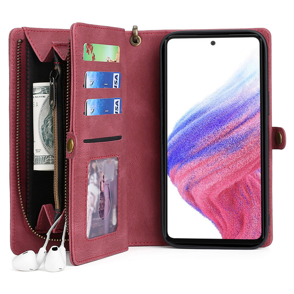 MEGSHI 017 Series For Samsung Galaxy A33 5G Detachable Magnet Cover Zipper Wallet PU Leather Flip Case with Wrist Strap