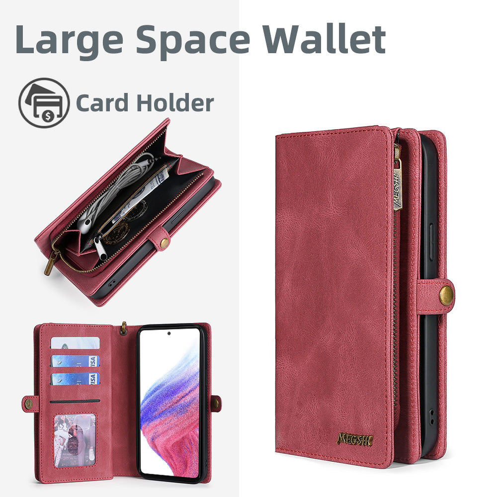 MEGSHI 017 Series For Samsung Galaxy A33 5G Detachable Magnet Cover Zipper Wallet PU Leather Flip Case with Wrist Strap