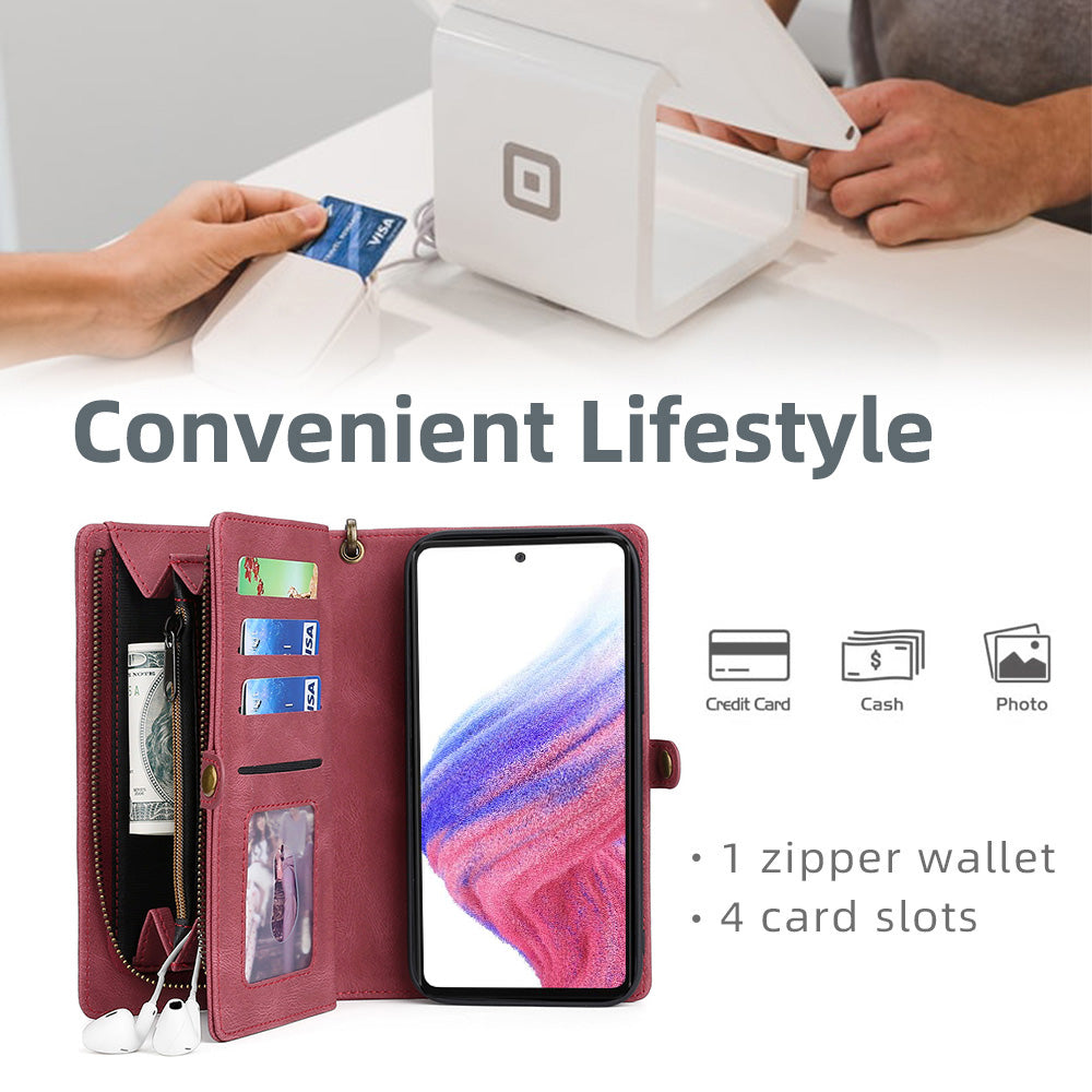 MEGSHI 017 Series For Samsung Galaxy A33 5G Detachable Magnet Cover Zipper Wallet PU Leather Flip Case with Wrist Strap