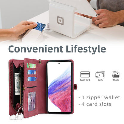 MEGSHI 017 Series For Samsung Galaxy A33 5G Detachable Magnet Cover Zipper Wallet PU Leather Flip Case with Wrist Strap