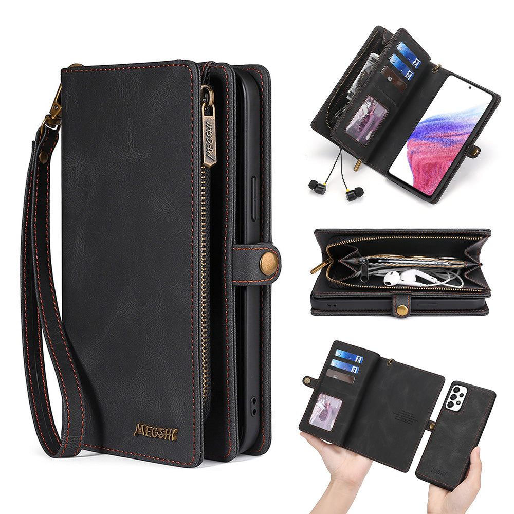 MEGSHI 017 Series For Samsung Galaxy A33 5G Detachable Magnet Cover Zipper Wallet PU Leather Flip Case with Wrist Strap