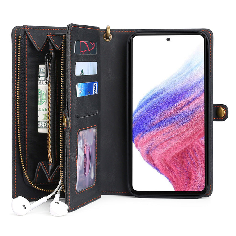 MEGSHI 017 Series For Samsung Galaxy A33 5G Detachable Magnet Cover Zipper Wallet PU Leather Flip Case with Wrist Strap