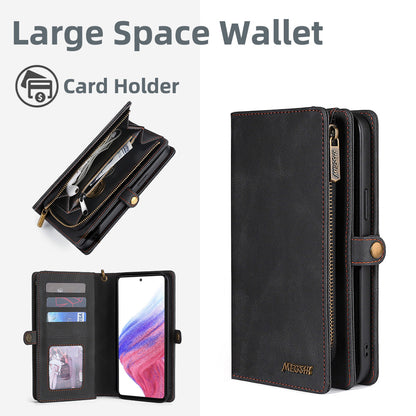 MEGSHI 017 Series For Samsung Galaxy A33 5G Detachable Magnet Cover Zipper Wallet PU Leather Flip Case with Wrist Strap