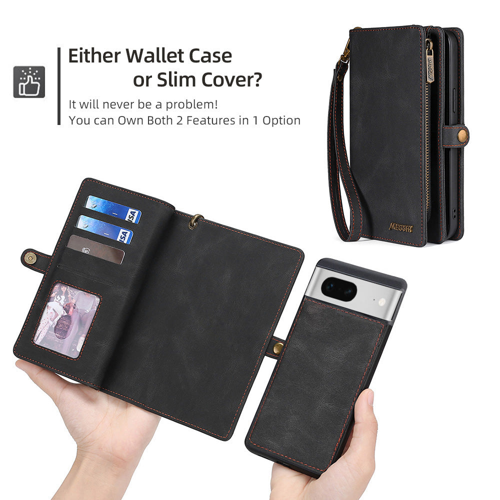 MEGSHI 017 Series For Google Pixel 7 5G Zipper Wallet Leather Case Magnetic Suction Detachable Cover