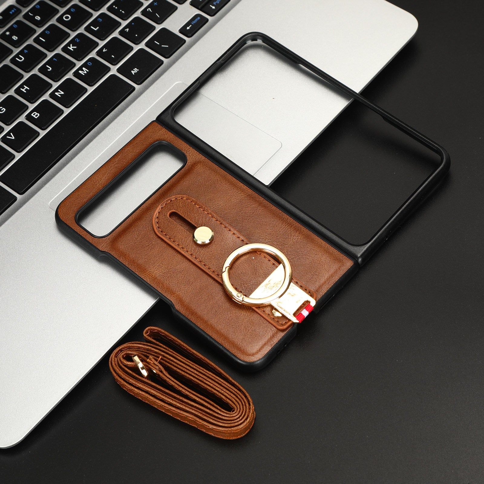 For Google Pixel Fold Wristband Anti-Drop Protective Case Leather Coated PC+TPU Phone Cover with Neck Strap