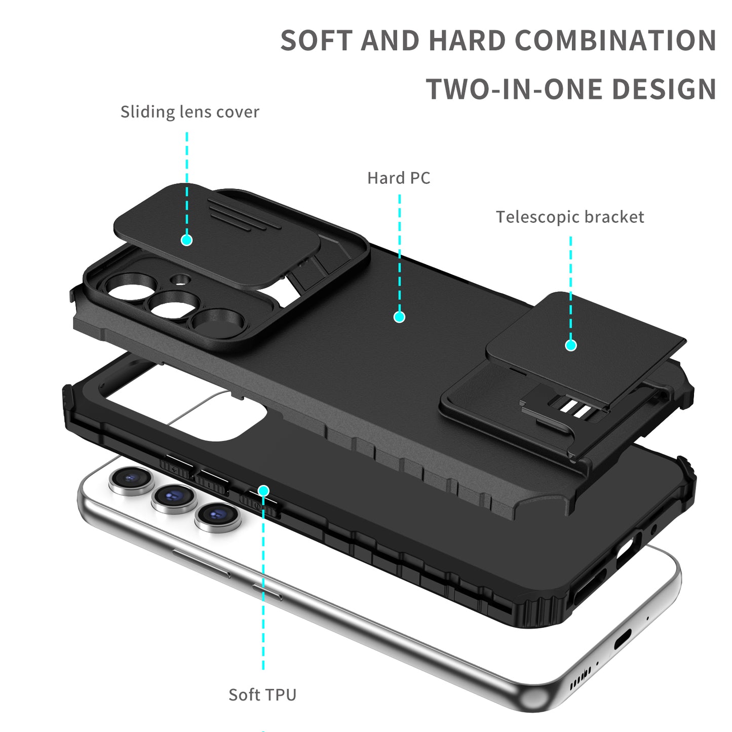 For Samsung Galaxy A54 5G Kickstand Case Anti-scratch PC + TPU Phone Protector with Slide Camera Cover