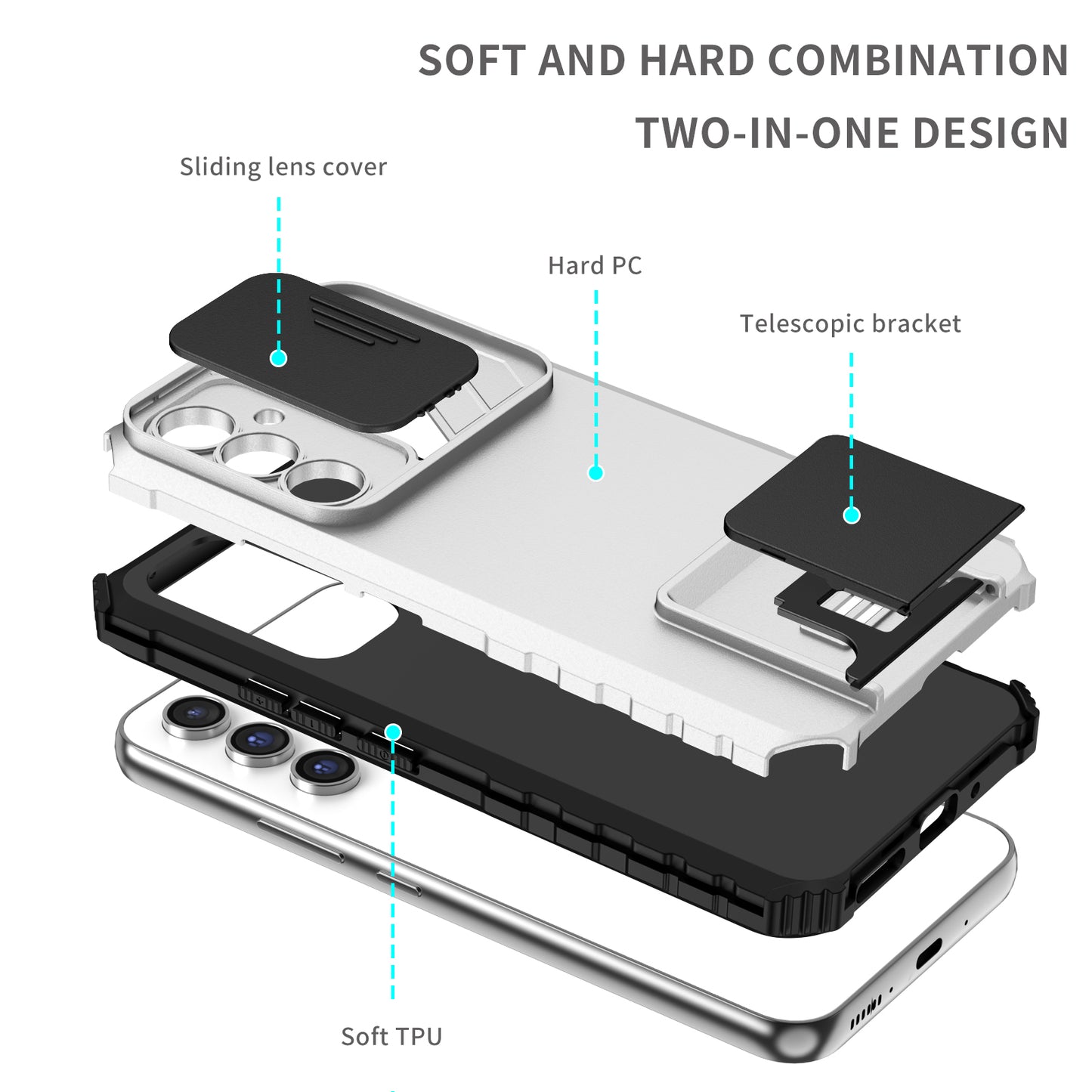 For Samsung Galaxy A54 5G Kickstand Case Anti-scratch PC + TPU Phone Protector with Slide Camera Cover