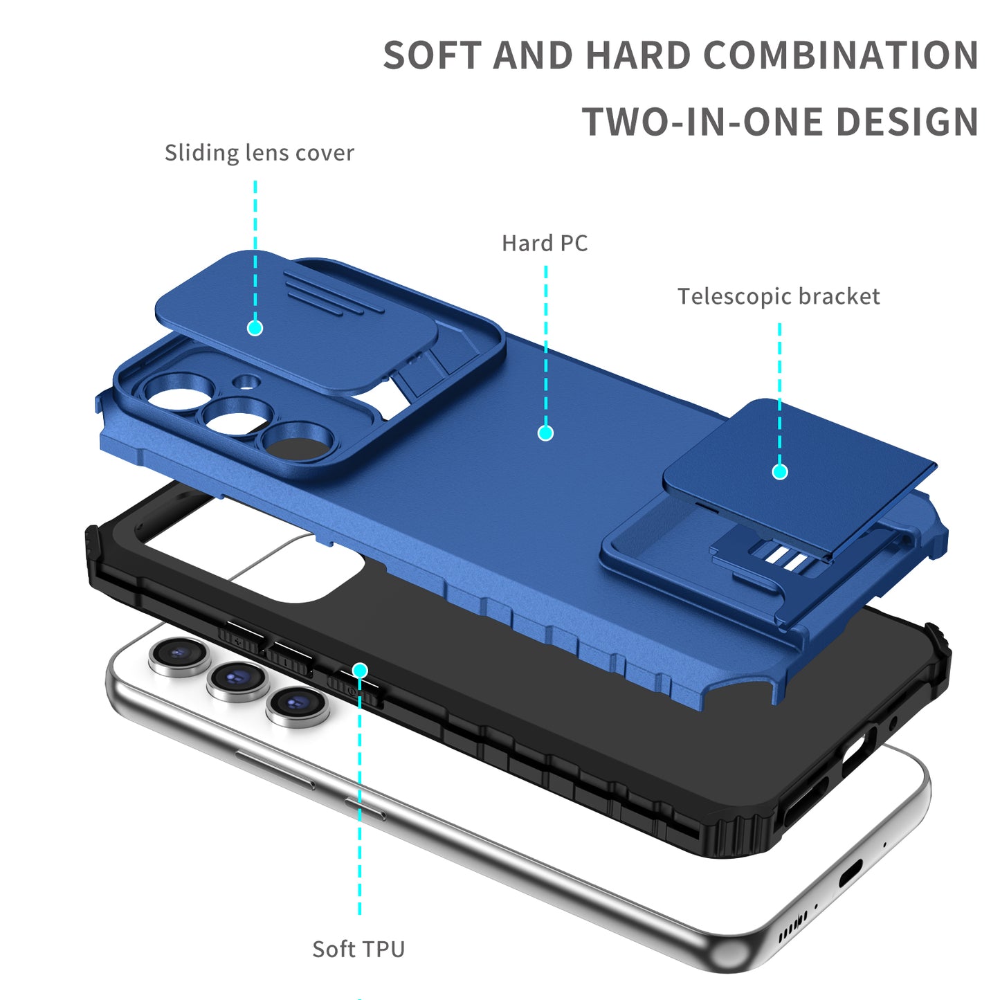 For Samsung Galaxy A54 5G Kickstand Case Anti-scratch PC + TPU Phone Protector with Slide Camera Cover