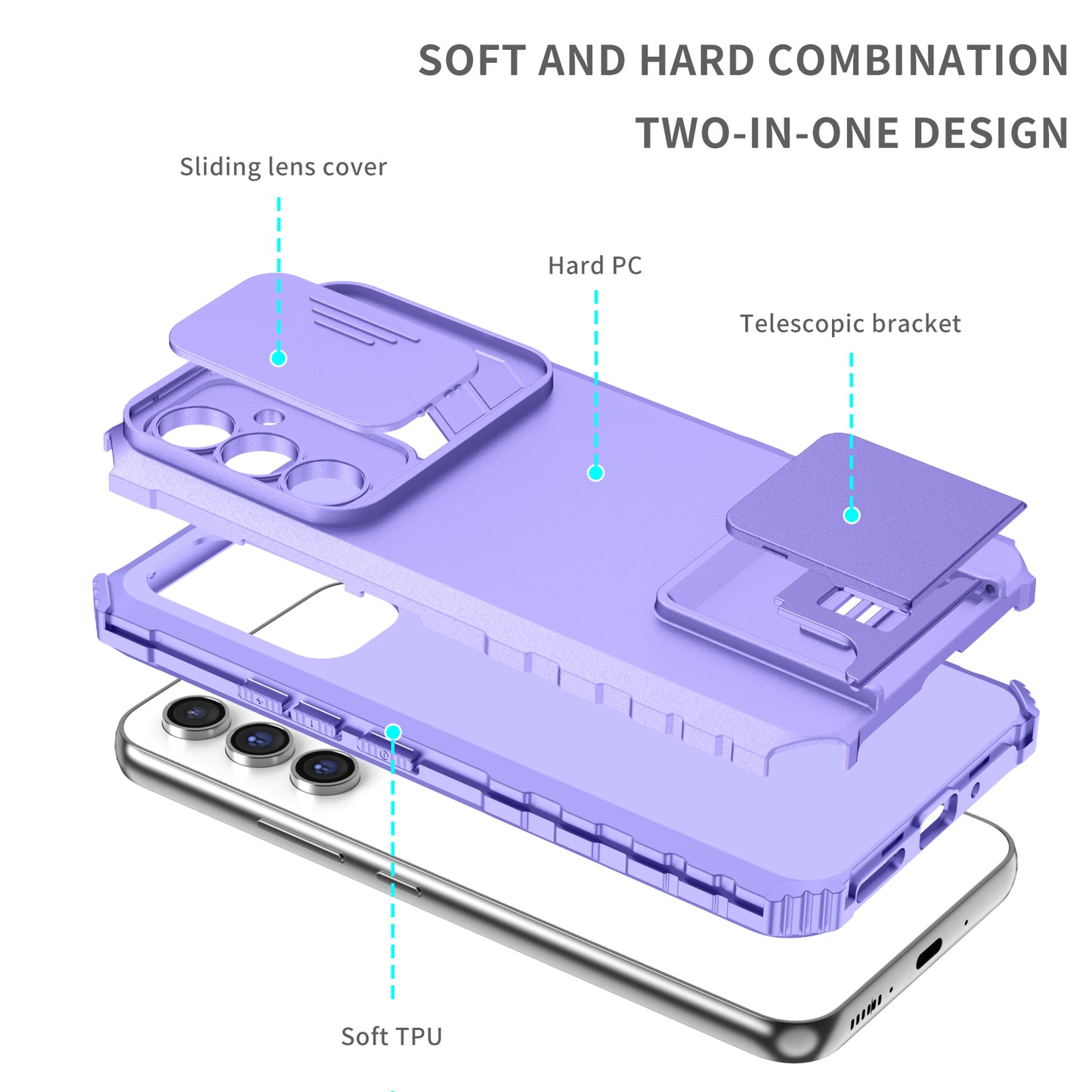 For Samsung Galaxy A54 5G Kickstand Case Anti-scratch PC + TPU Phone Protector with Slide Camera Cover