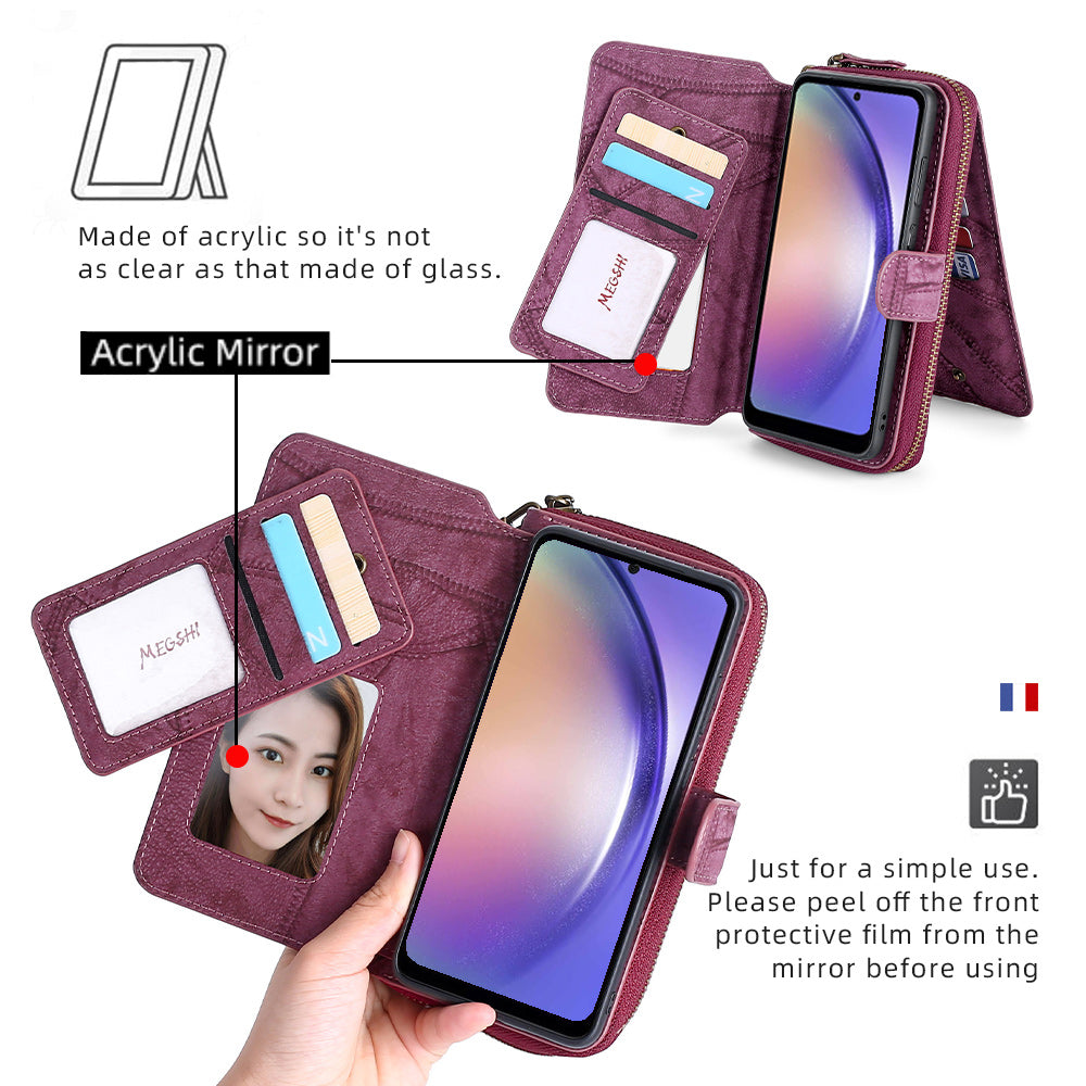 MEGSHI 004 Series For Samsung Galaxy A14 4G / 5G Zipper Wallet Case Detachable PU Leather Stand Phone Cover