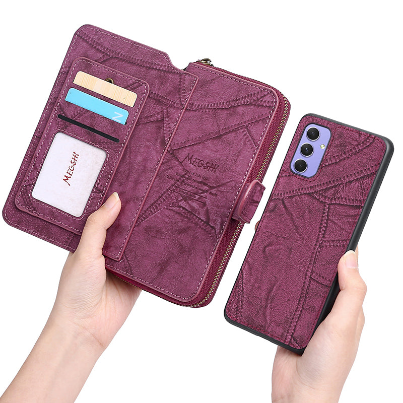 MEGSHI 004 Series For Samsung Galaxy A14 4G / 5G Zipper Wallet Case Detachable PU Leather Stand Phone Cover