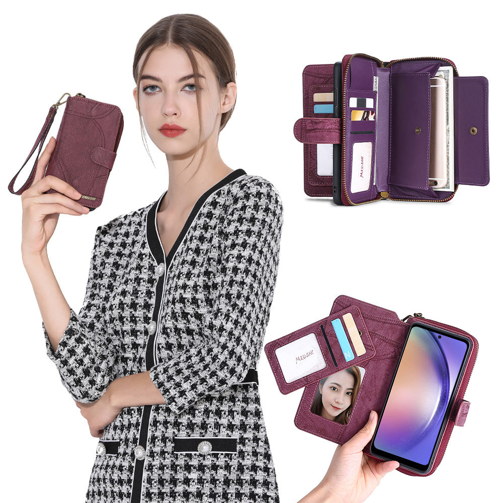 MEGSHI 004 Series For Samsung Galaxy A14 4G / 5G Zipper Wallet Case Detachable PU Leather Stand Phone Cover