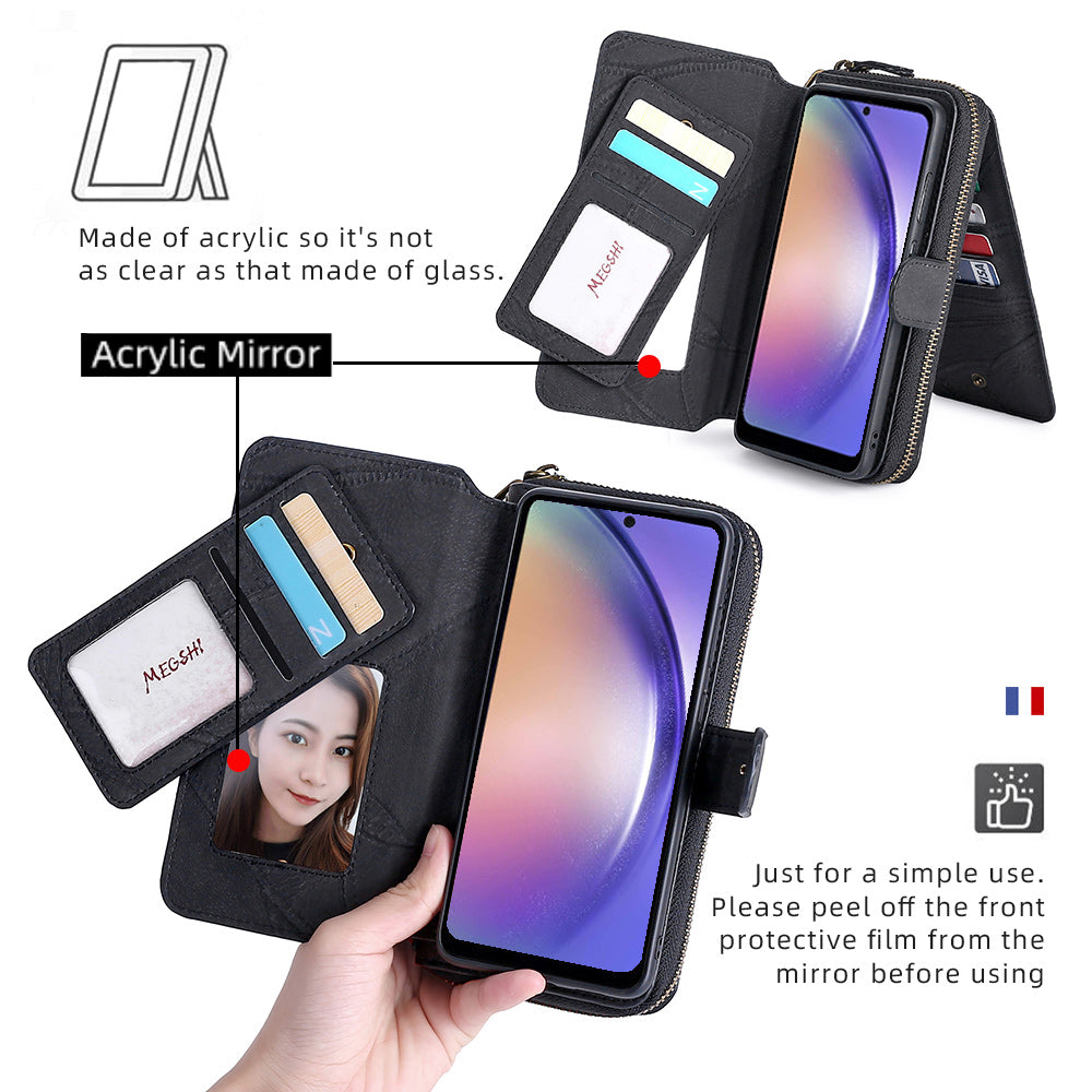 MEGSHI 004 Series For Samsung Galaxy A14 4G / 5G Zipper Wallet Case Detachable PU Leather Stand Phone Cover