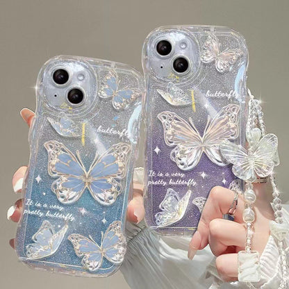 For iPhone 13 Wavy Edge Butterfly Pattern Case Soft TPU Gradient Glitter Phone Cover with Chain