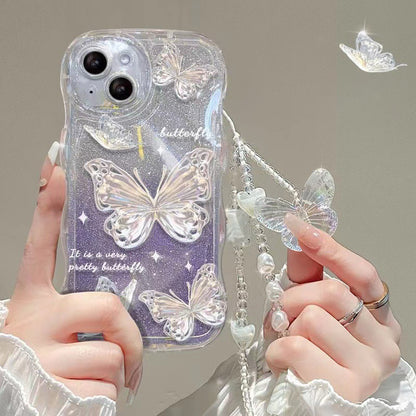 For iPhone 13 Wavy Edge Butterfly Pattern Case Soft TPU Gradient Glitter Phone Cover with Chain