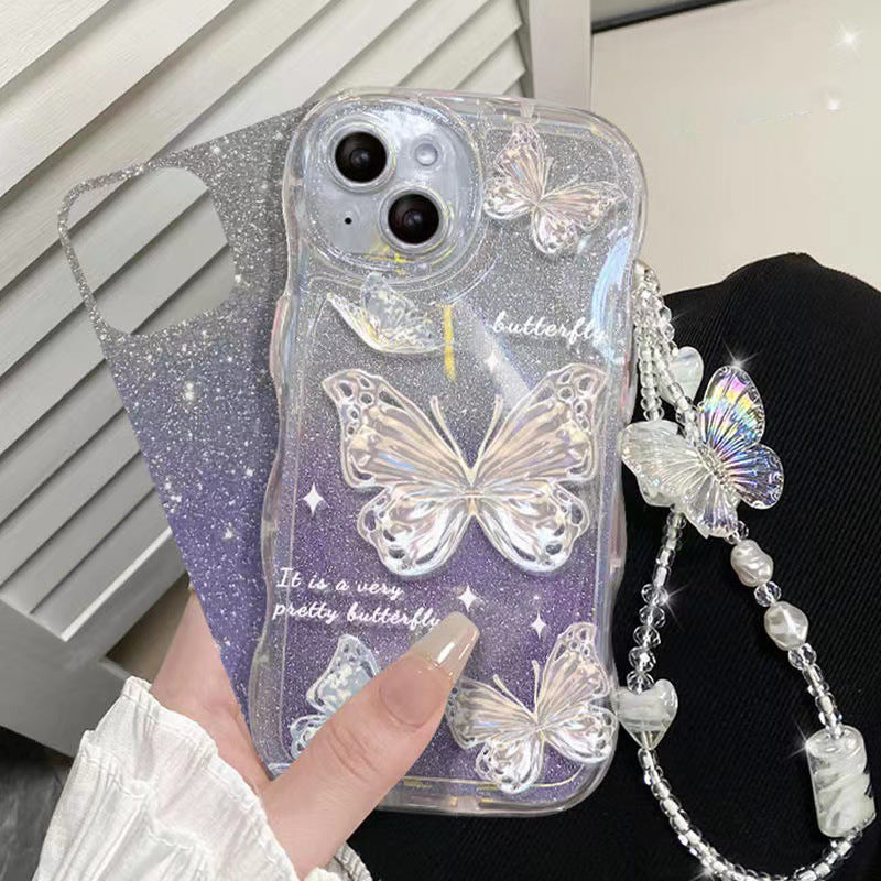 For iPhone 13 Wavy Edge Butterfly Pattern Case Soft TPU Gradient Glitter Phone Cover with Chain