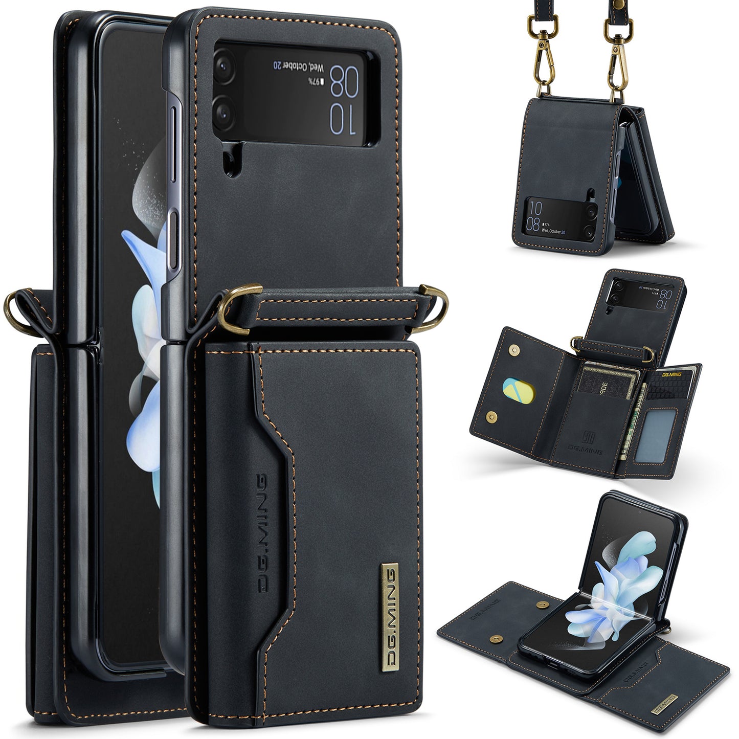 DG.MING M2 Series for Samsung Galaxy Z Flip4 5G Magnetic Leather+PC Phone Case Kickstand Wallet Cover with Shoulder Strap