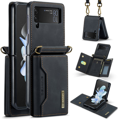 DG.MING M2 Series for Samsung Galaxy Z Flip4 5G Magnetic Leather+PC Phone Case Kickstand Wallet Cover with Shoulder Strap