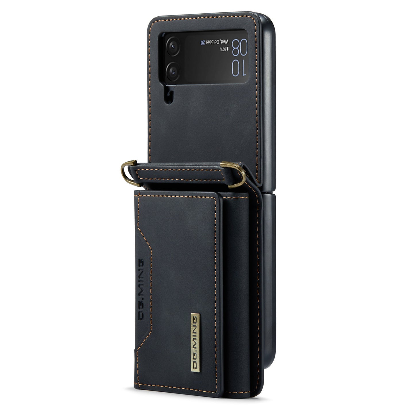 DG.MING M2 Series for Samsung Galaxy Z Flip4 5G Magnetic Leather+PC Phone Case Kickstand Wallet Cover with Shoulder Strap