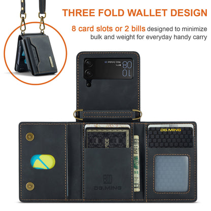 DG.MING M2 Series for Samsung Galaxy Z Flip4 5G Magnetic Leather+PC Phone Case Kickstand Wallet Cover with Shoulder Strap