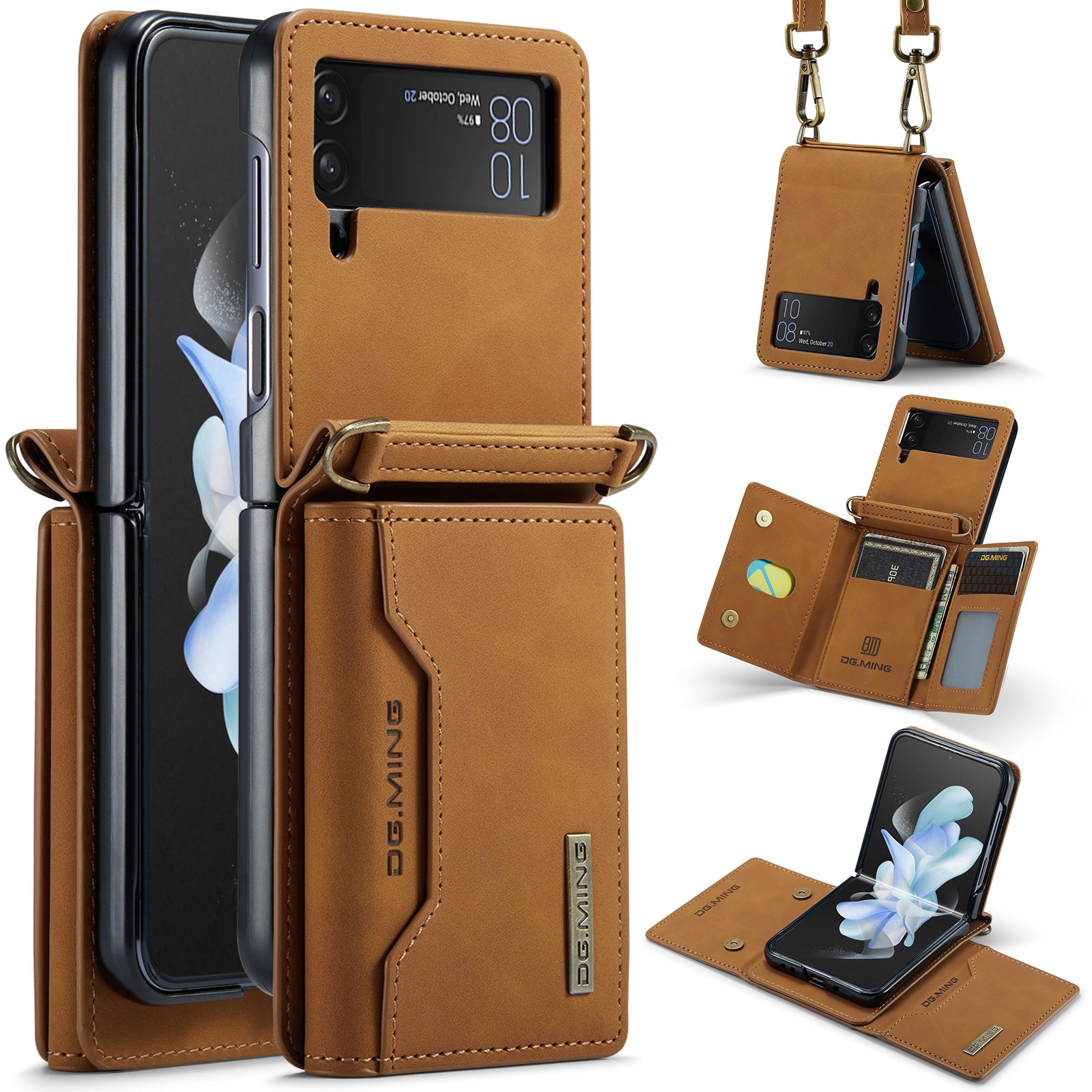 DG.MING M2 Series for Samsung Galaxy Z Flip4 5G Magnetic Leather+PC Phone Case Kickstand Wallet Cover with Shoulder Strap