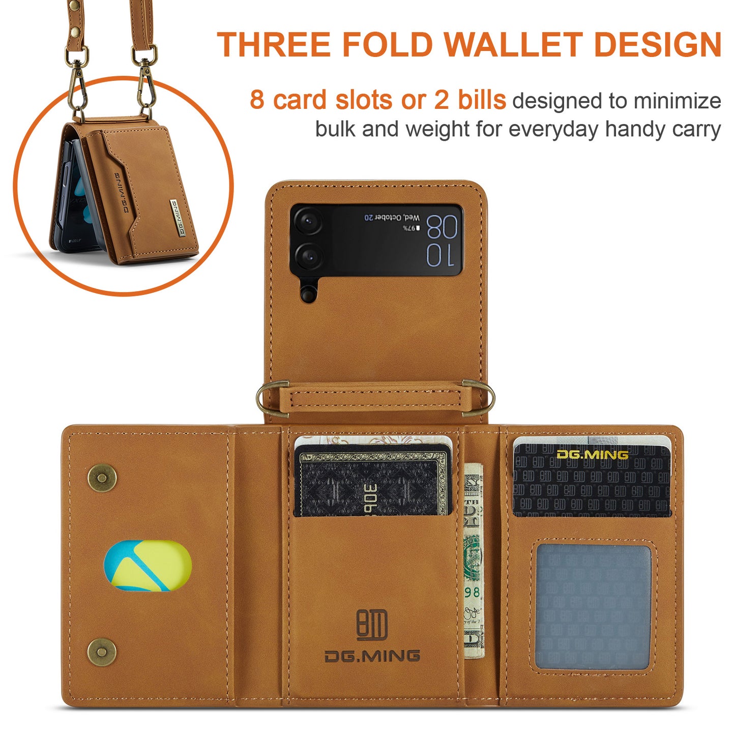 DG.MING M2 Series for Samsung Galaxy Z Flip4 5G Magnetic Leather+PC Phone Case Kickstand Wallet Cover with Shoulder Strap