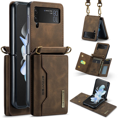 DG.MING M2 Series for Samsung Galaxy Z Flip4 5G Magnetic Leather+PC Phone Case Kickstand Wallet Cover with Shoulder Strap