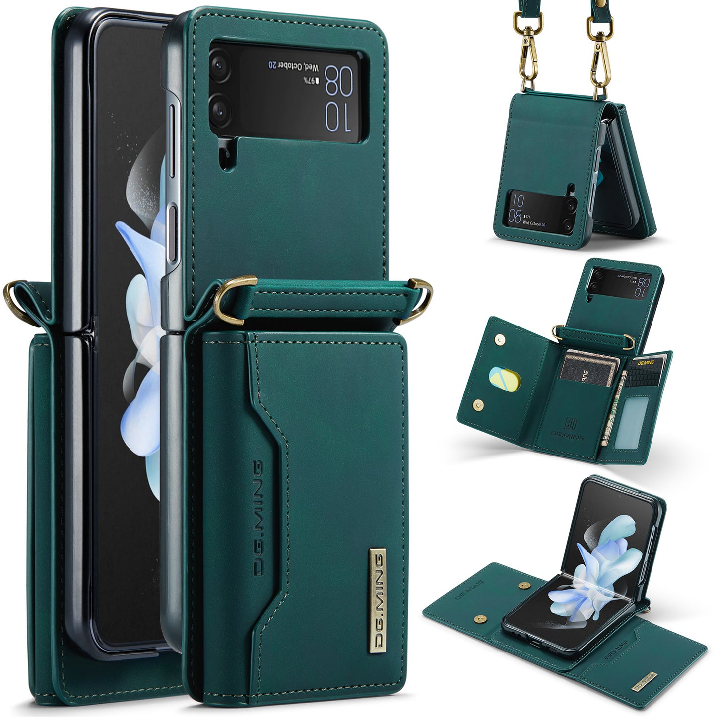 DG.MING M2 Series for Samsung Galaxy Z Flip4 5G Magnetic Leather+PC Phone Case Kickstand Wallet Cover with Shoulder Strap