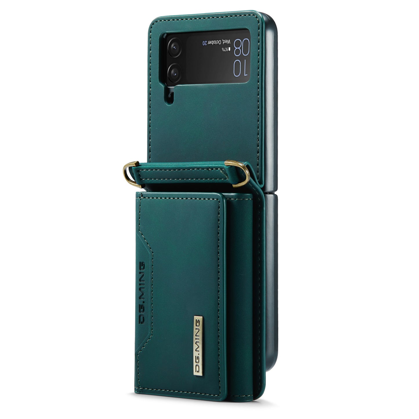 DG.MING M2 Series for Samsung Galaxy Z Flip4 5G Magnetic Leather+PC Phone Case Kickstand Wallet Cover with Shoulder Strap