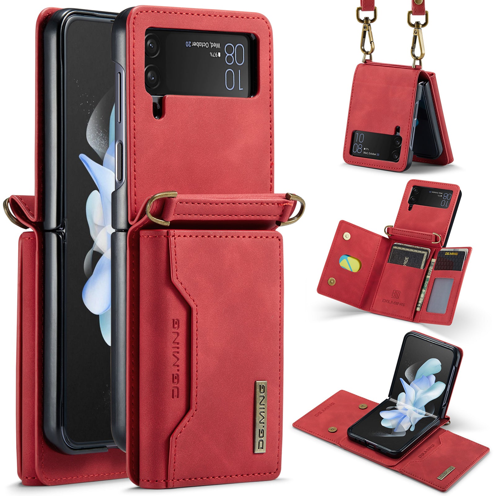 DG.MING M2 Series for Samsung Galaxy Z Flip4 5G Magnetic Leather+PC Phone Case Kickstand Wallet Cover with Shoulder Strap