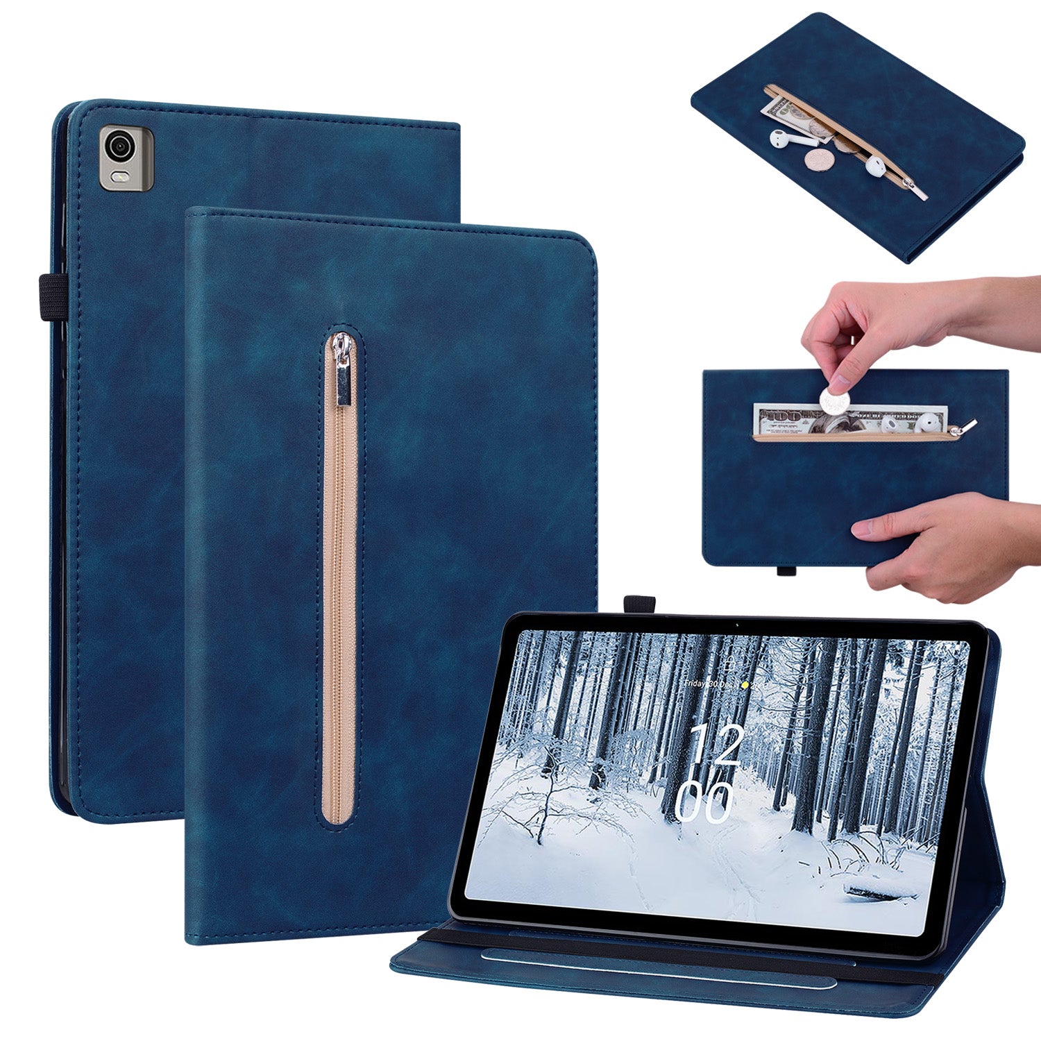 For Nokia T21 Zipper Pocket PU Leather Case, Elastic Band Closure Stand Card Holder Tablet Cover