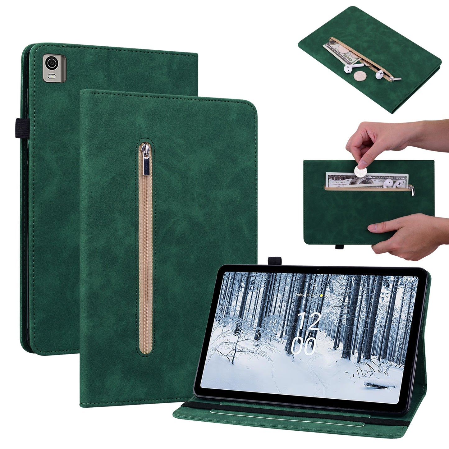 For Nokia T21 Zipper Pocket PU Leather Case, Elastic Band Closure Stand Card Holder Tablet Cover