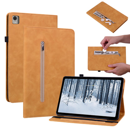 For Nokia T21 Zipper Pocket PU Leather Case, Elastic Band Closure Stand Card Holder Tablet Cover