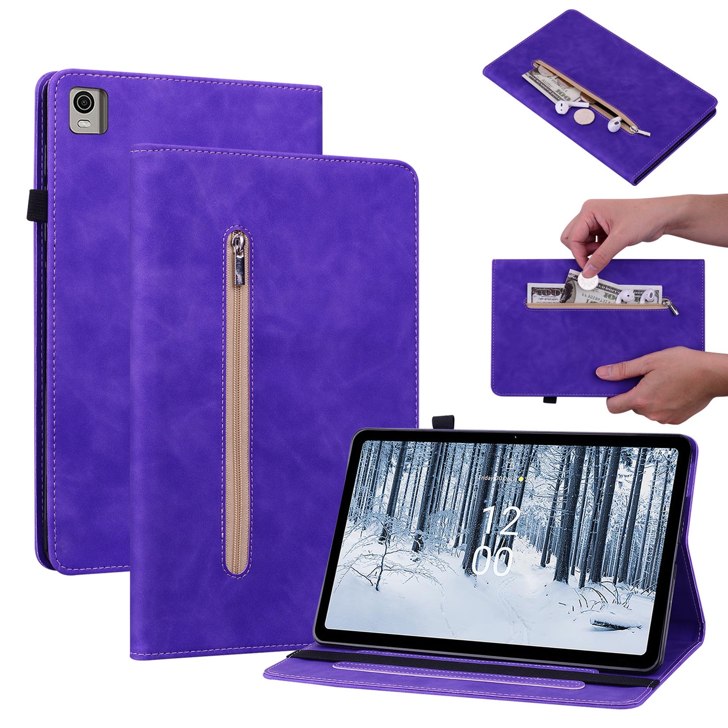 For Nokia T21 Zipper Pocket PU Leather Case, Elastic Band Closure Stand Card Holder Tablet Cover