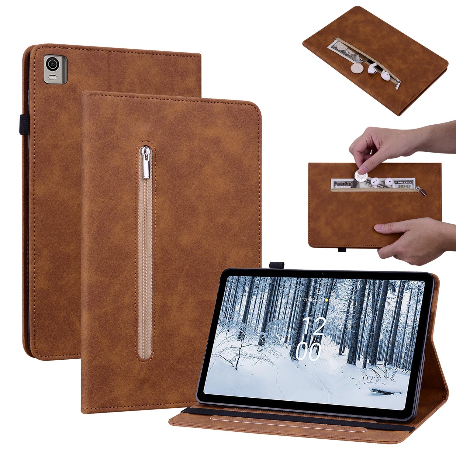 For Nokia T21 Zipper Pocket PU Leather Case, Elastic Band Closure Stand Card Holder Tablet Cover