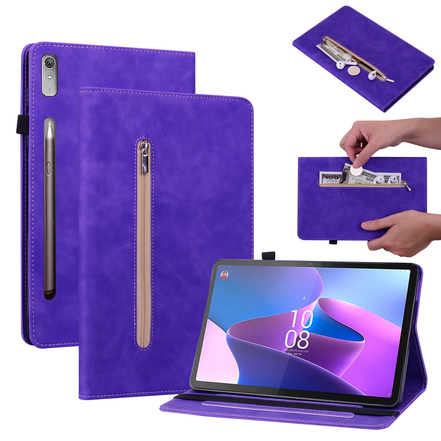 For Lenovo Tab P11 Pro Gen 2 PU Leather Case Elastic Band Closure Tablet Cover with Zipper Pocket