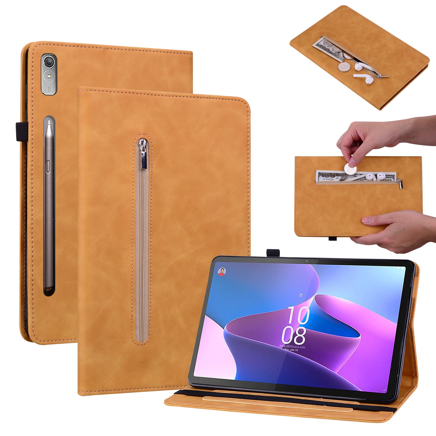 For Lenovo Tab P11 Pro Gen 2 PU Leather Case Elastic Band Closure Tablet Cover with Zipper Pocket